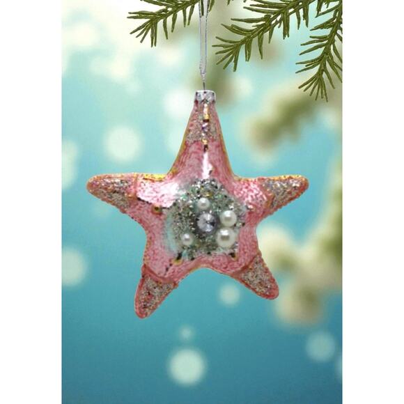 Starfish Christmas Ornament Blue Glass Nautical Ocean Seaside Jeweled - Picture 3 of 5